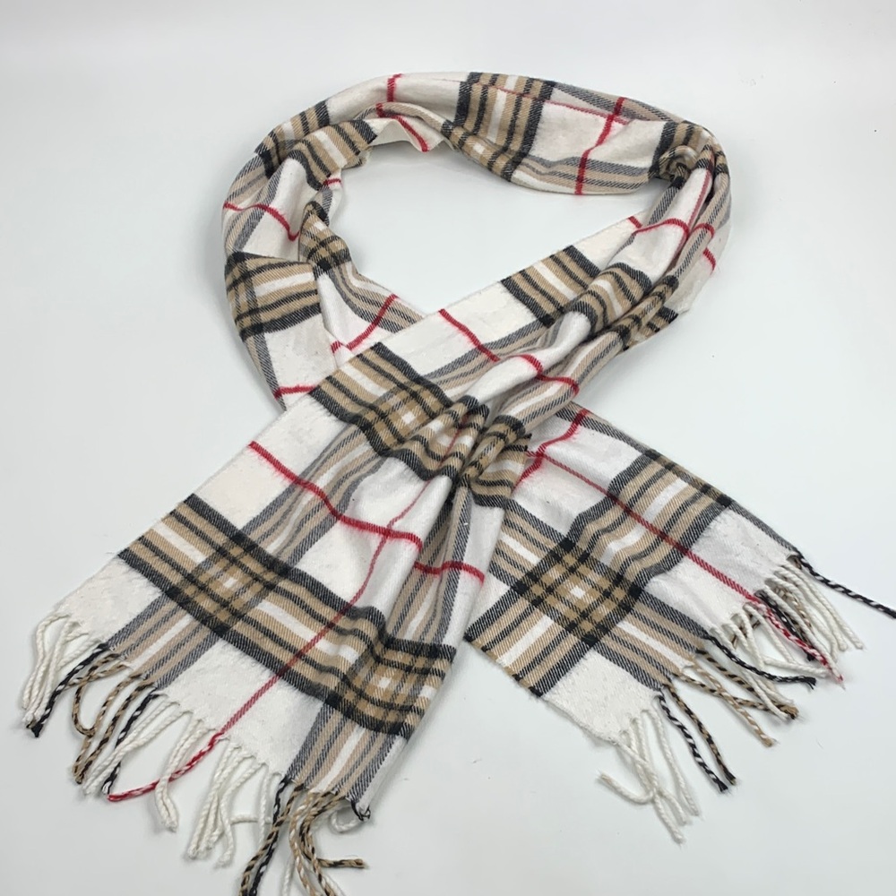 Cashmere Plaid Fringe Scarf in Creme Beige black Red Soft 100% Cashmere Scotland